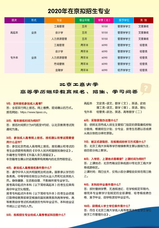 2020年北京工商大学成人高考招生简章